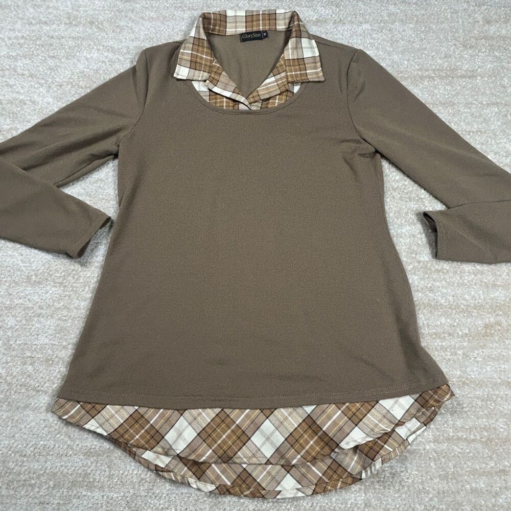 GloryStar Top Womens M Long Sleeve Layered Look Plaid Collar Brown Hem Pullover